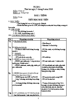 Kế hoạch bài học lớp 1 - Tuần 1 đến 8 - Năm học 2016-2017